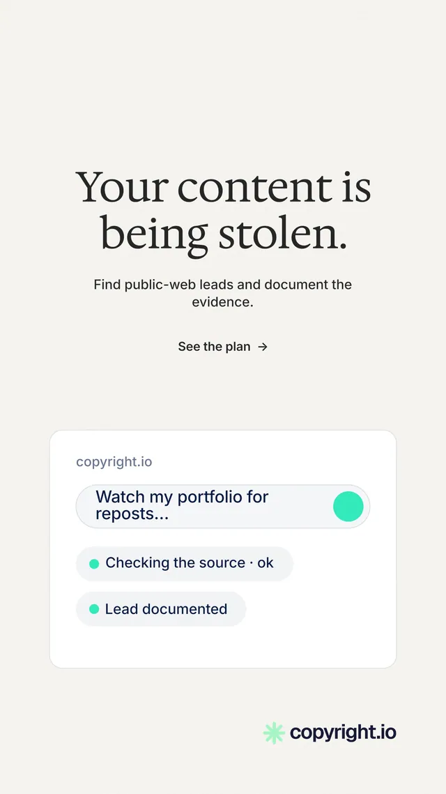Instagram story for copyright.io: "Your content is being stolen." Minimal luxury style, centred layout, light palette in white.