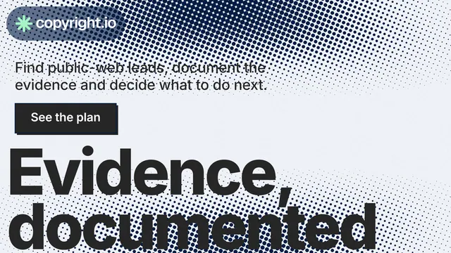 Landscape graphic for copyright.io: "See the plan first." Brutalist style, oversized layout, light palette in grey, white, blue.