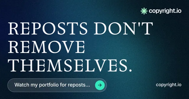 Social ad for copyright.io: "Reposts don't remove themselves." Agentic glass style, poster layout, dark palette in blue, black, grey.
