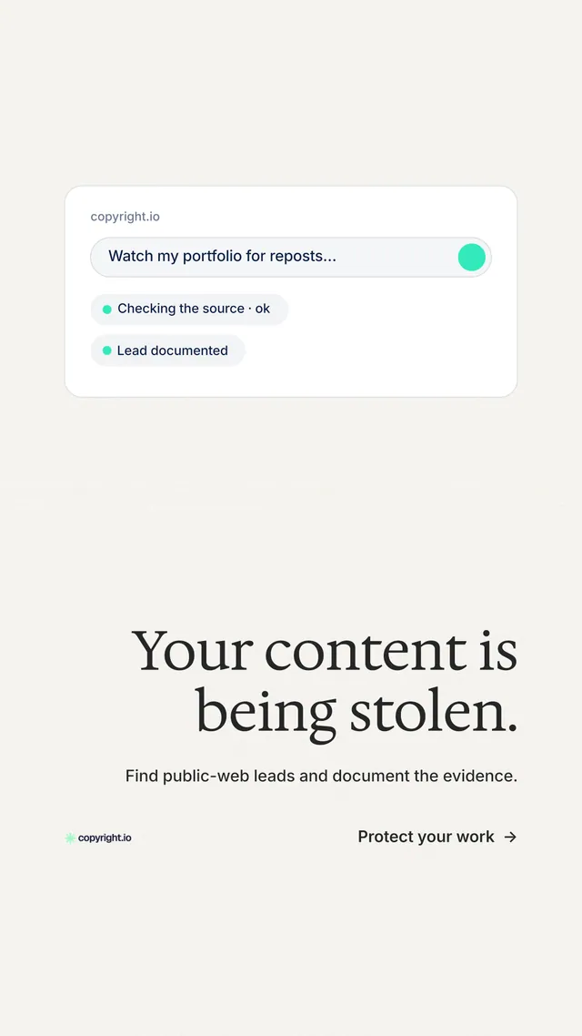 Instagram story for copyright.io: "Your content is being stolen." Minimal luxury style, right layout, light palette in white.
