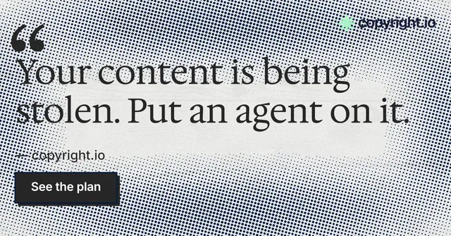 Social ad for copyright.io: "Continuous protection for creators." Brutalist style, quote layout, light palette in grey, white.