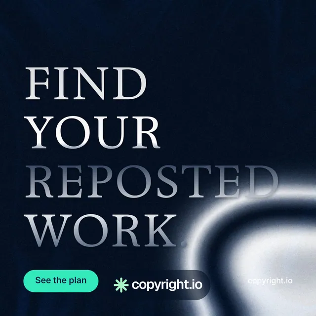 Instagram post for copyright.io: "Find your reposted work." Y2K style, poster layout, dark palette in black, grey, blue.