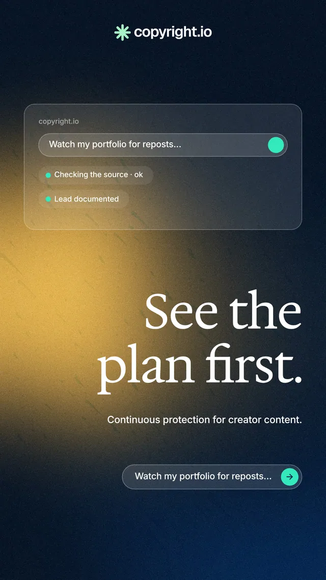 Instagram story for copyright.io: "See the plan first." Agentic glass style, right layout, dark palette in black, brown, grey.