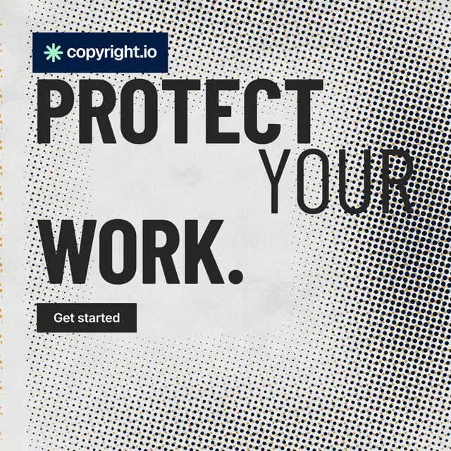 Instagram post for copyright.io: "Protect your work." Retro print style, stacked layout, light palette in grey, white.