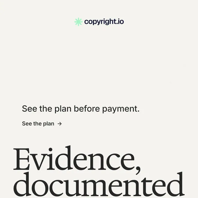 Instagram post for copyright.io: "Find your reposted work." Minimal luxury style, oversized layout, light palette in white, grey.