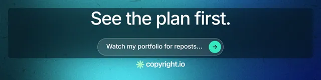 LinkedIn banner for copyright.io: "See the plan first." Agentic glass style, skeleton layout, dark palette in blue, teal.