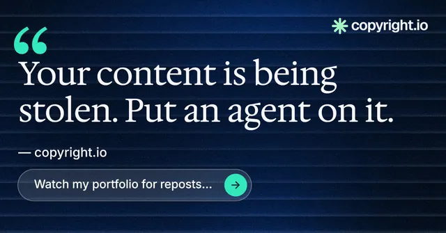 Social ad for copyright.io: "Your content is being stolen." Agentic glass style, quote layout, dark palette in blue, black.