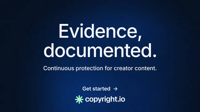 Landscape graphic for copyright.io: "Evidence, documented." Minimal luxury style, centred layout, dark palette in black, blue.