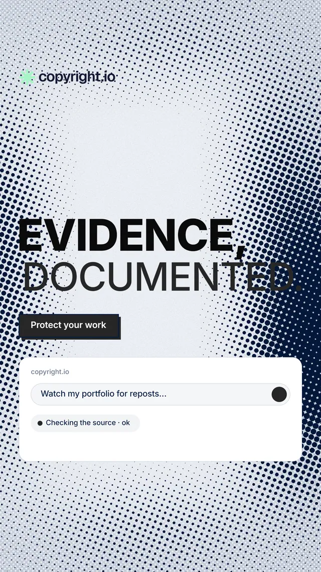 Instagram story for copyright.io: "Evidence, documented." Brutalist style, stacked layout, light palette in grey, white.