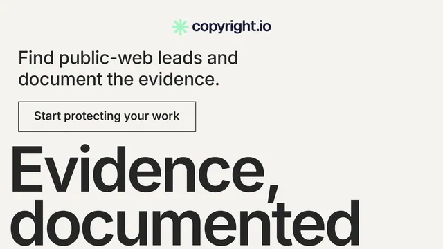 Landscape graphic for copyright.io: "Put an agent on it." Editorial style, oversized layout, light palette in white, grey, green.
