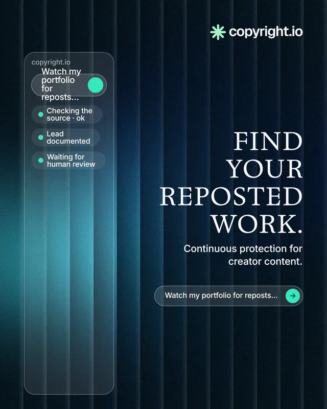 Instagram portrait post for copyright.io: "Find your reposted work." Agentic glass style, right layout, dark palette in blue, black.