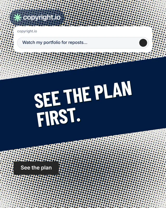 Instagram portrait post for copyright.io: "See the plan first." Retro print style, diagonal layout, light palette in grey, blue, white.