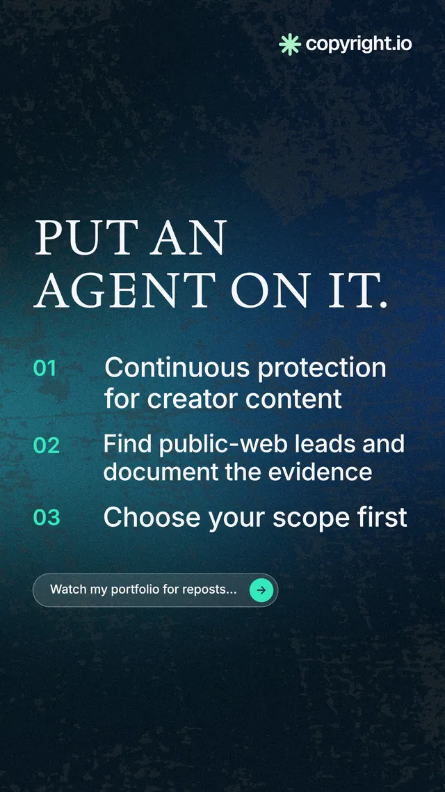 Instagram story for copyright.io: "Put an agent on it." Agentic glass style, numbered layout, dark palette in black, blue.