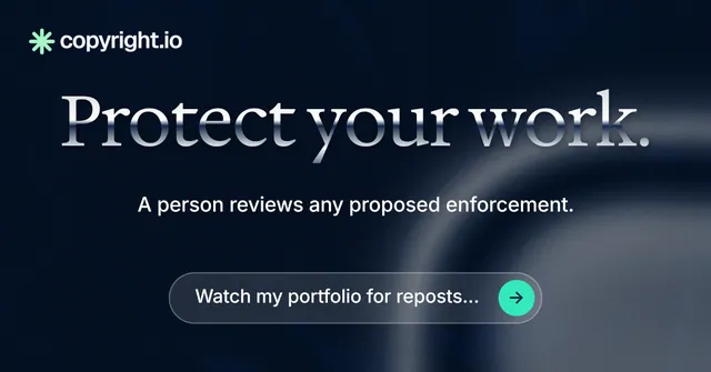 Social ad for copyright.io: "Protect your work." Agentic glass style, centred layout, dark palette in black, grey, blue.
