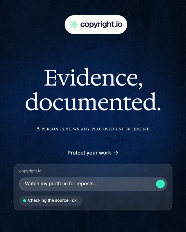 Instagram portrait post for copyright.io: "Evidence, documented." Agentic glass style, smallcaps layout, dark palette in black, blue, grey.