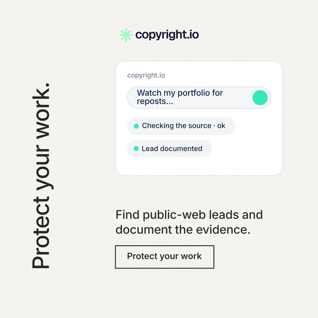Instagram post for copyright.io: "Protect your work." Editorial style, vertical layout, light palette in white.