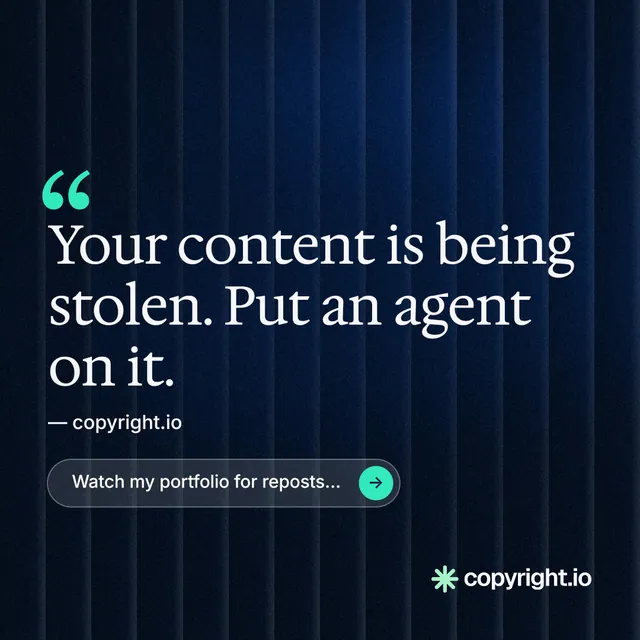Instagram post for copyright.io: "Continuous protection for creators." Agentic glass style, quote layout, dark palette in black, blue, grey.