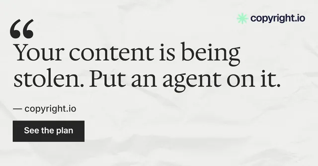 Social ad for copyright.io: "Your content is being stolen." Swiss style, quote layout, light palette in white, grey.