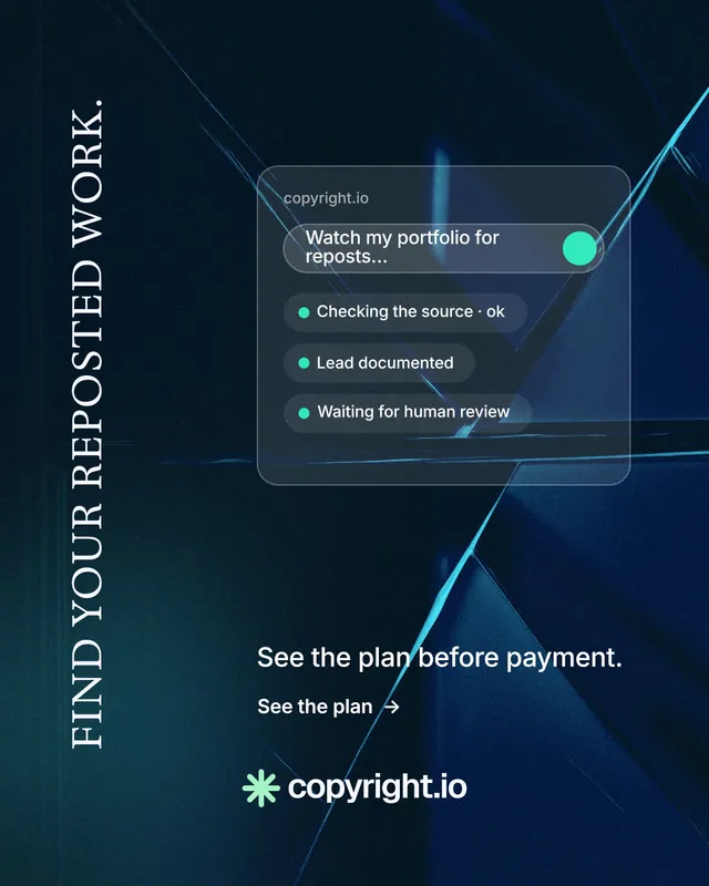 Instagram portrait post for copyright.io: "Find your reposted work." Minimal luxury style, vertical layout, dark palette in blue, black.