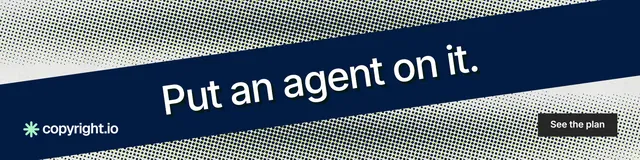 LinkedIn banner for copyright.io: "Put an agent on it." Swiss style, diagonal layout, dark palette in blue, grey.