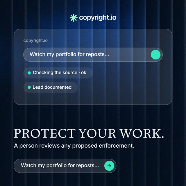 Instagram post for copyright.io: "Protect your work." Agentic glass style, bottom layout, dark palette in blue, black.