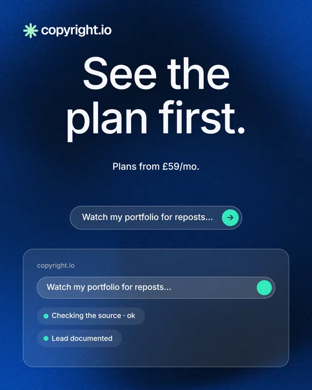 Instagram portrait post for copyright.io: "See the plan first." Agentic glass style, centred layout, dark palette in blue, black.