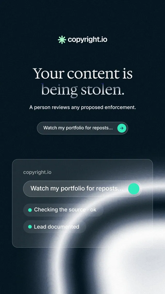 Instagram story for copyright.io: "Your content is being stolen." Agentic glass style, centred layout, dark palette in black, blue, grey.