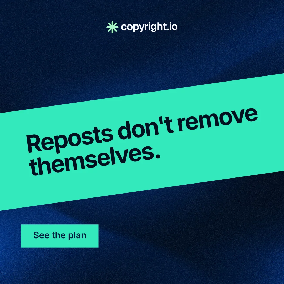 Instagram post for copyright.io: "Reposts don't remove themselves." Swiss style, diagonal layout, dark palette in teal, black, blue.