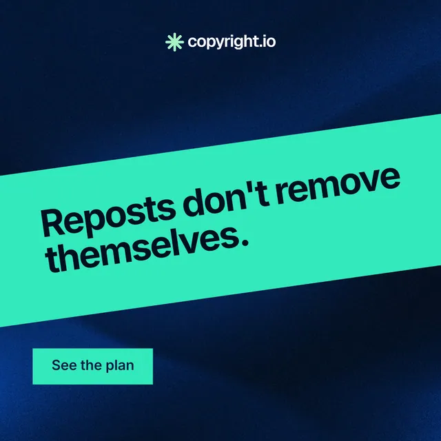 Instagram post for copyright.io: "Reposts don't remove themselves." Swiss style, diagonal layout, dark palette in teal, black, blue.