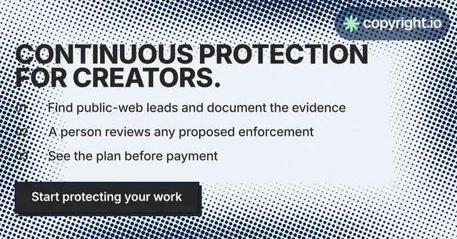 Social ad for copyright.io: "Continuous protection for creators." Brutalist style, numbered layout, light palette in grey, white.