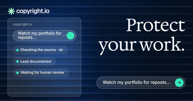Social ad for copyright.io: "Protect your work." Agentic glass style, right layout, dark palette in blue, black.