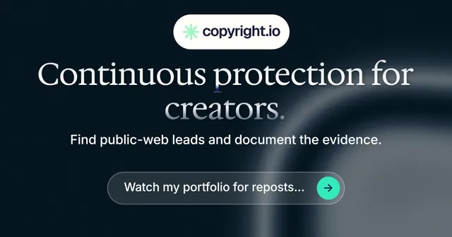 Social ad for copyright.io: "Continuous protection for creators." Agentic glass style, centred layout, dark palette in black, grey, blue.