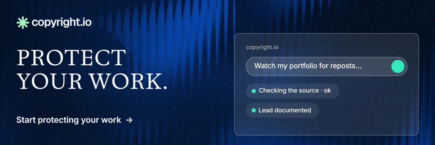 X header for copyright.io: "Protect your work." Minimal luxury style, bottom layout, dark palette in blue, black.