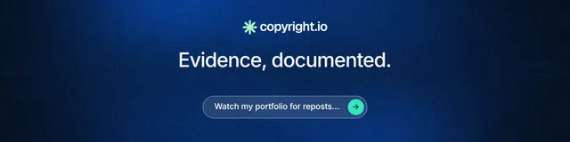 LinkedIn banner for copyright.io: "Evidence, documented." Agentic glass style, centred layout, dark palette in blue, black.