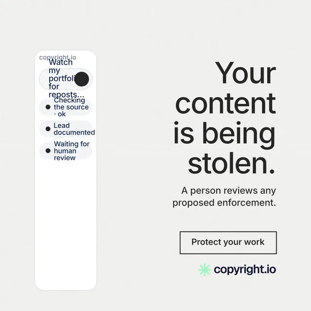 Instagram post for copyright.io: "Your content is being stolen." Editorial style, right layout, light palette in white.