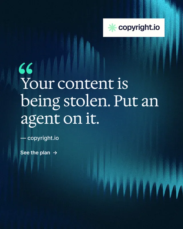 Instagram portrait post for copyright.io: "Continuous protection for creators." Minimal luxury style, quote layout, dark palette in blue, black.