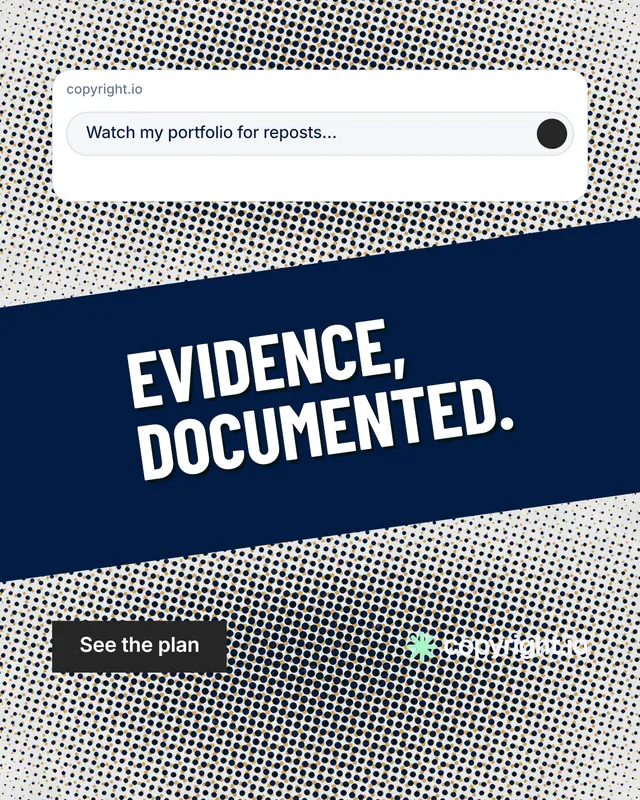 Instagram portrait post for copyright.io: "Evidence, documented." Retro print style, diagonal layout, light palette in blue, grey, white.