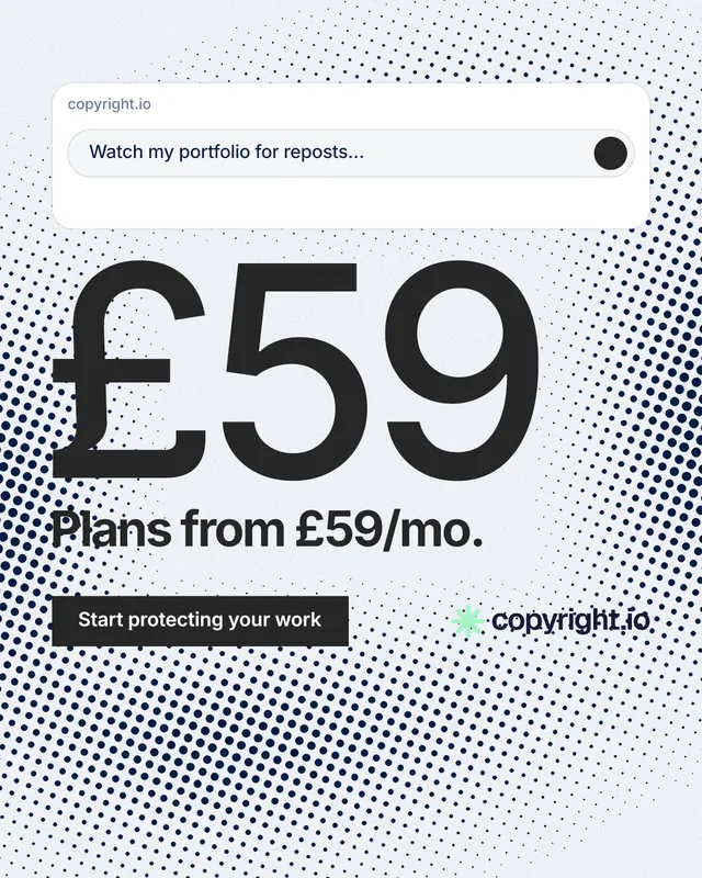 Instagram portrait post for copyright.io: "Continuous protection for creators." Swiss style, stat layout, light palette in white, grey.