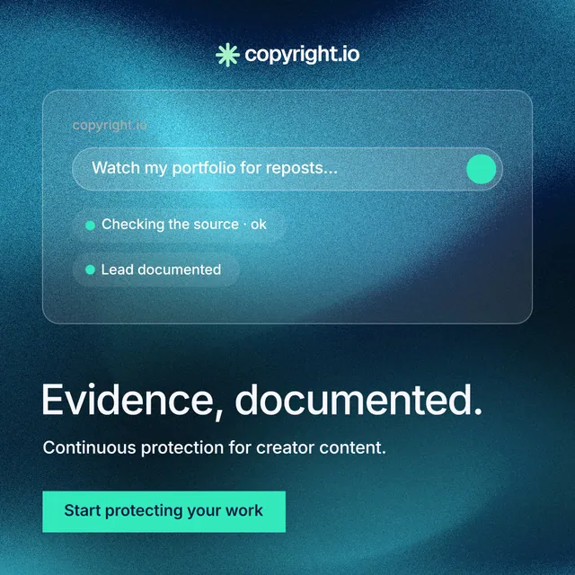 Instagram post for copyright.io: "Evidence, documented." Swiss style, bottom layout, dark palette in teal, blue.