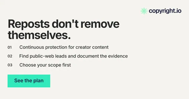Social ad for copyright.io: "Reposts don't remove themselves." Swiss style, numbered layout, light palette in white, grey.