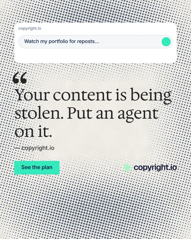 Instagram portrait post for copyright.io: "Reposts don't remove themselves." Swiss style, quote layout, light palette in white, grey, orange.