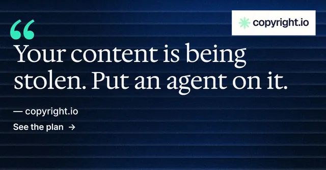 Social ad for copyright.io: "Find your reposted work." Minimal luxury style, quote layout, dark palette in black, blue, grey.