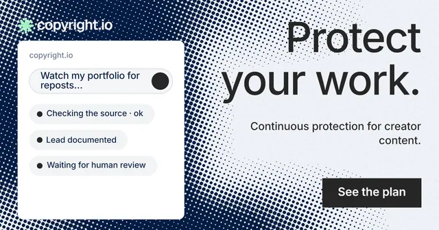 Social ad for copyright.io: "Protect your work." Retro print style, right layout, light palette in white, blue, grey.