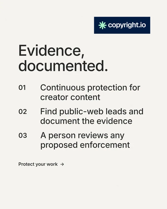 Instagram portrait post for copyright.io: "Evidence, documented." Minimal luxury style, numbered layout, light palette in white, grey.