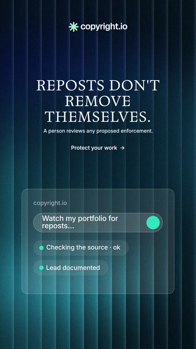 Instagram story for copyright.io: "Reposts don't remove themselves." Minimal luxury style, centred layout, dark palette in blue, teal, black.