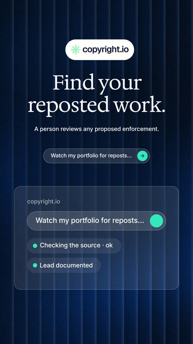 Instagram story for copyright.io: "Find your reposted work." Agentic glass style, centred layout, dark palette in blue, black.