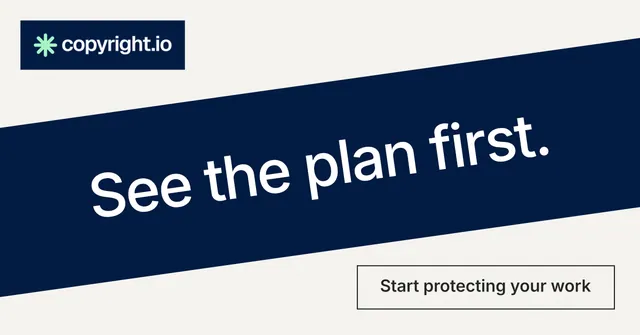 Social ad for copyright.io: "See the plan first." Editorial style, diagonal layout, light palette in white, blue, grey.