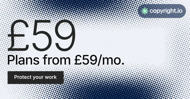 Social ad for copyright.io: "Protect your work." Split block style, stat layout, light palette in blue, grey, white.