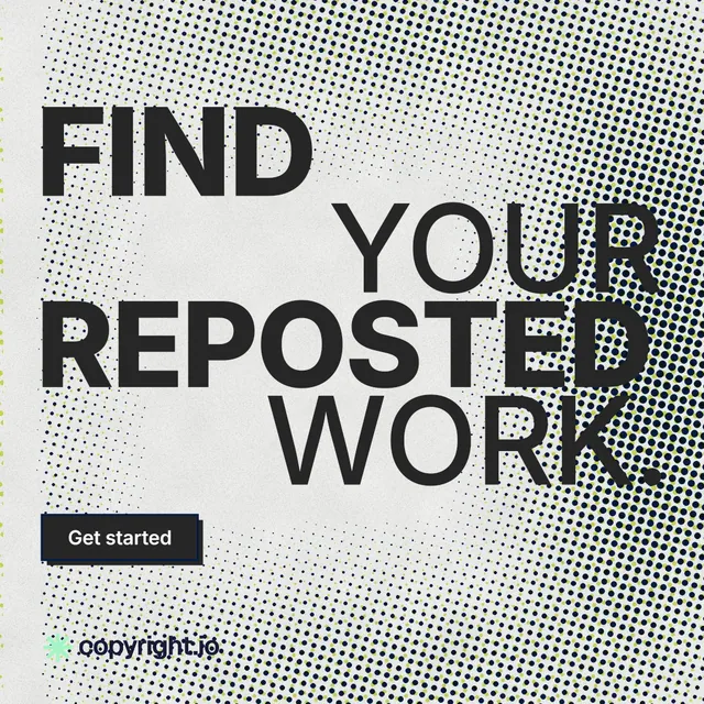 Instagram post for copyright.io: "Find your reposted work." Brutalist style, stacked layout, light palette in grey, white.