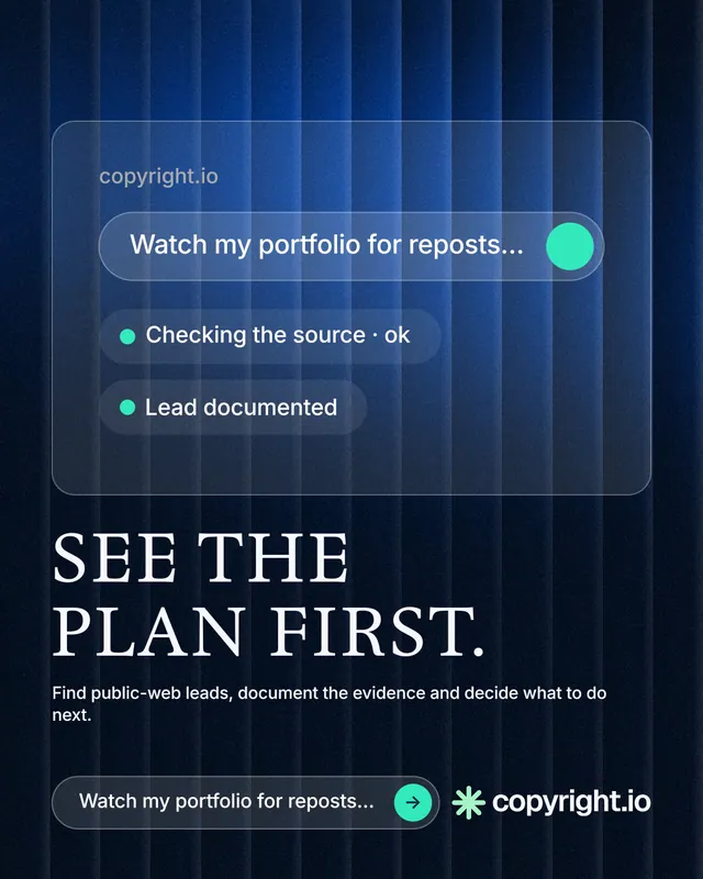 Instagram portrait post for copyright.io: "See the plan first." Agentic glass style, bottom layout, dark palette in black, blue.